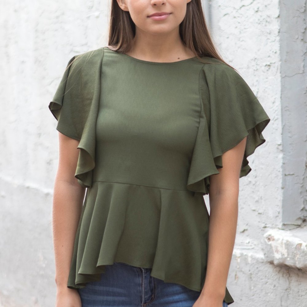 Olive Green Ruffled Short Sleeve Blouse